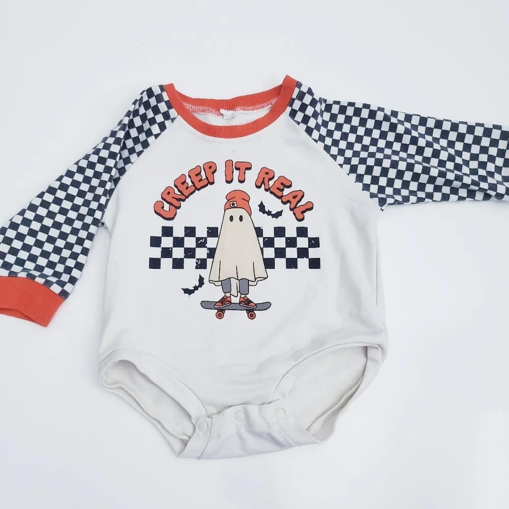 Creepin It Real Skater Ghost Long Sleeve Onesie Plaid Halloween